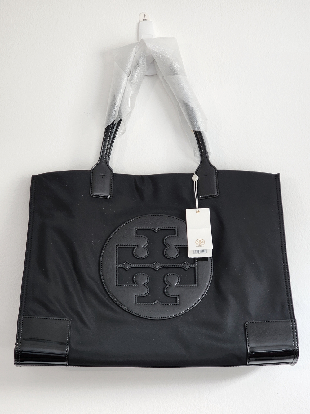 Tory Burch Black Ella Logo Nylon Large Tote Bag Patent Leather NWT